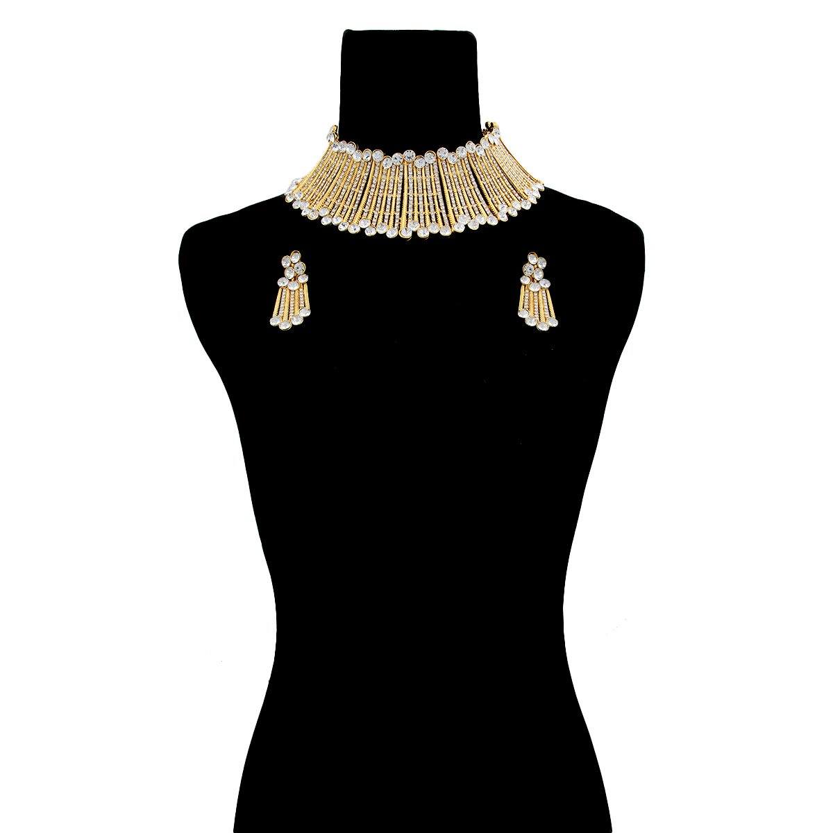 Gold Bar and Round Rhinestone Rigid Collar Choker Necklace Set