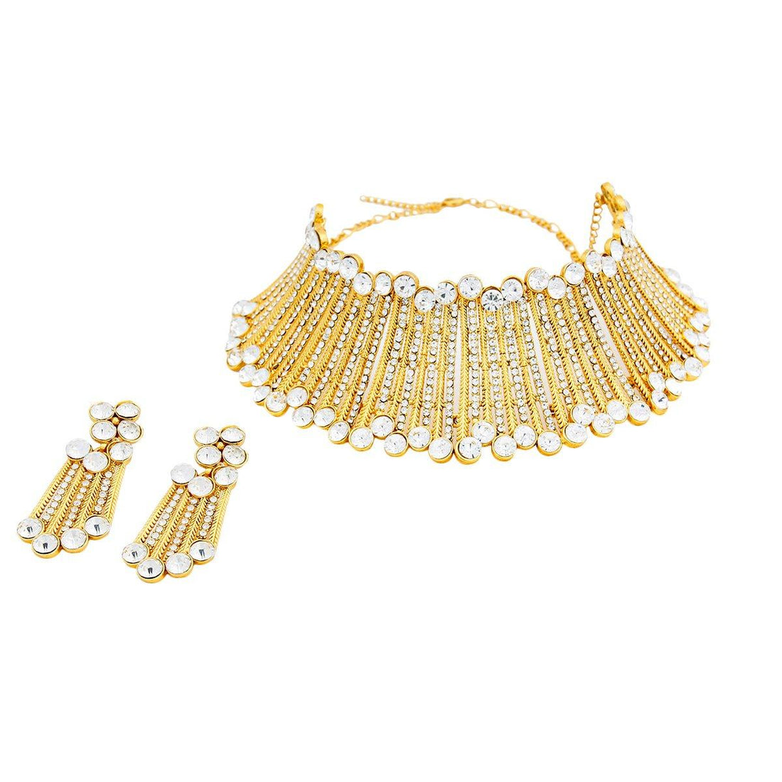 Gold Bar and Round Rhinestone Rigid Collar Choker Necklace Set
