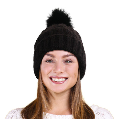 Black Fox Fur Pom Beanie