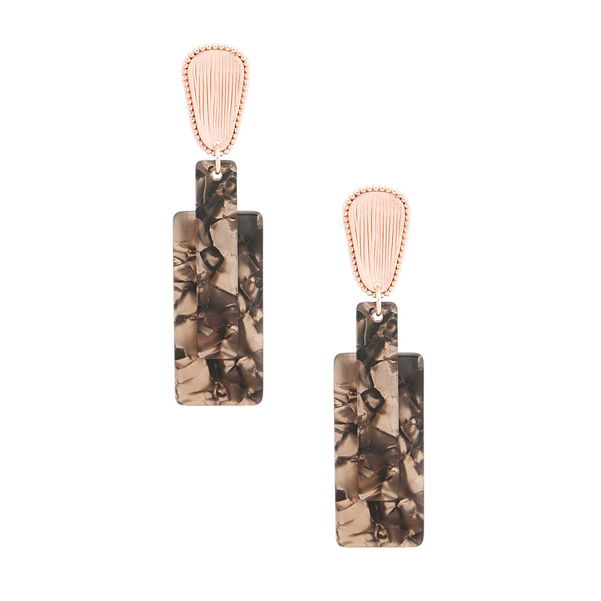 Brown Rectangle Marbled Earrings