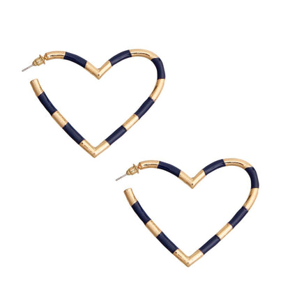 Navy and Gold Stripe Heart Hoops