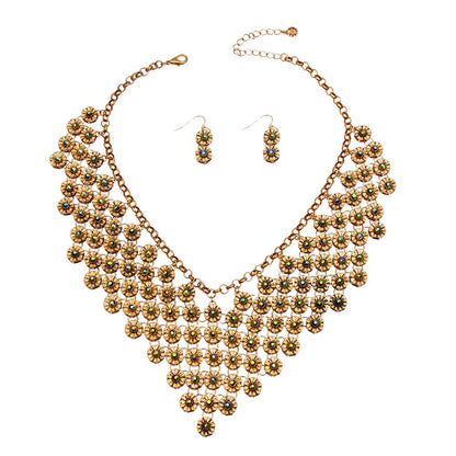 Burnished Gold and Rhinestone Flower Bib Necklace Set