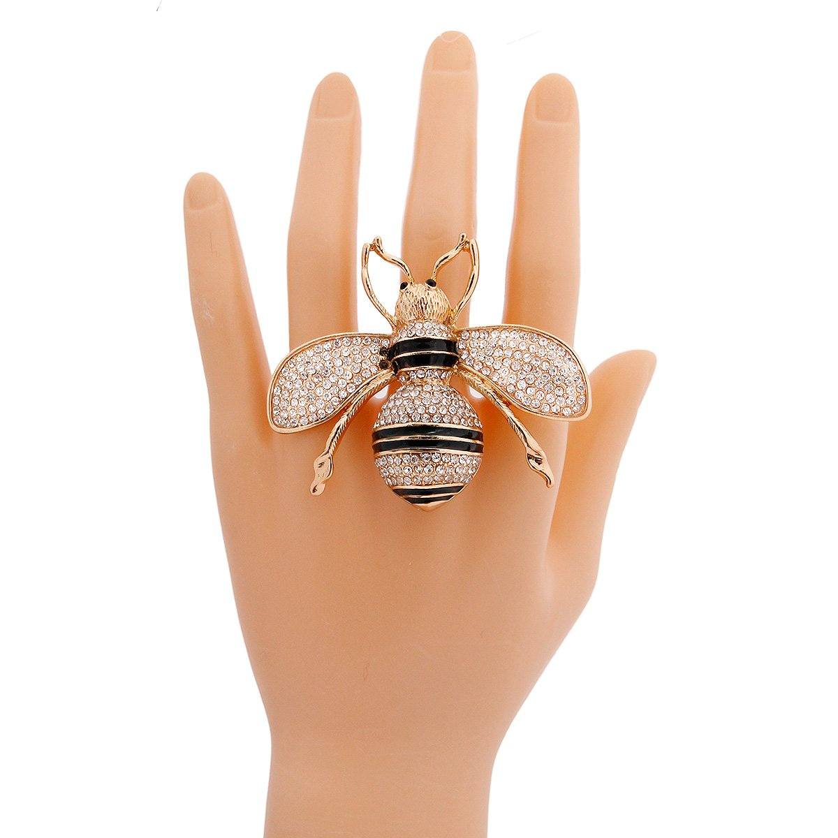 Designer Style Gold and Rhinestone Bee Stretch Ring