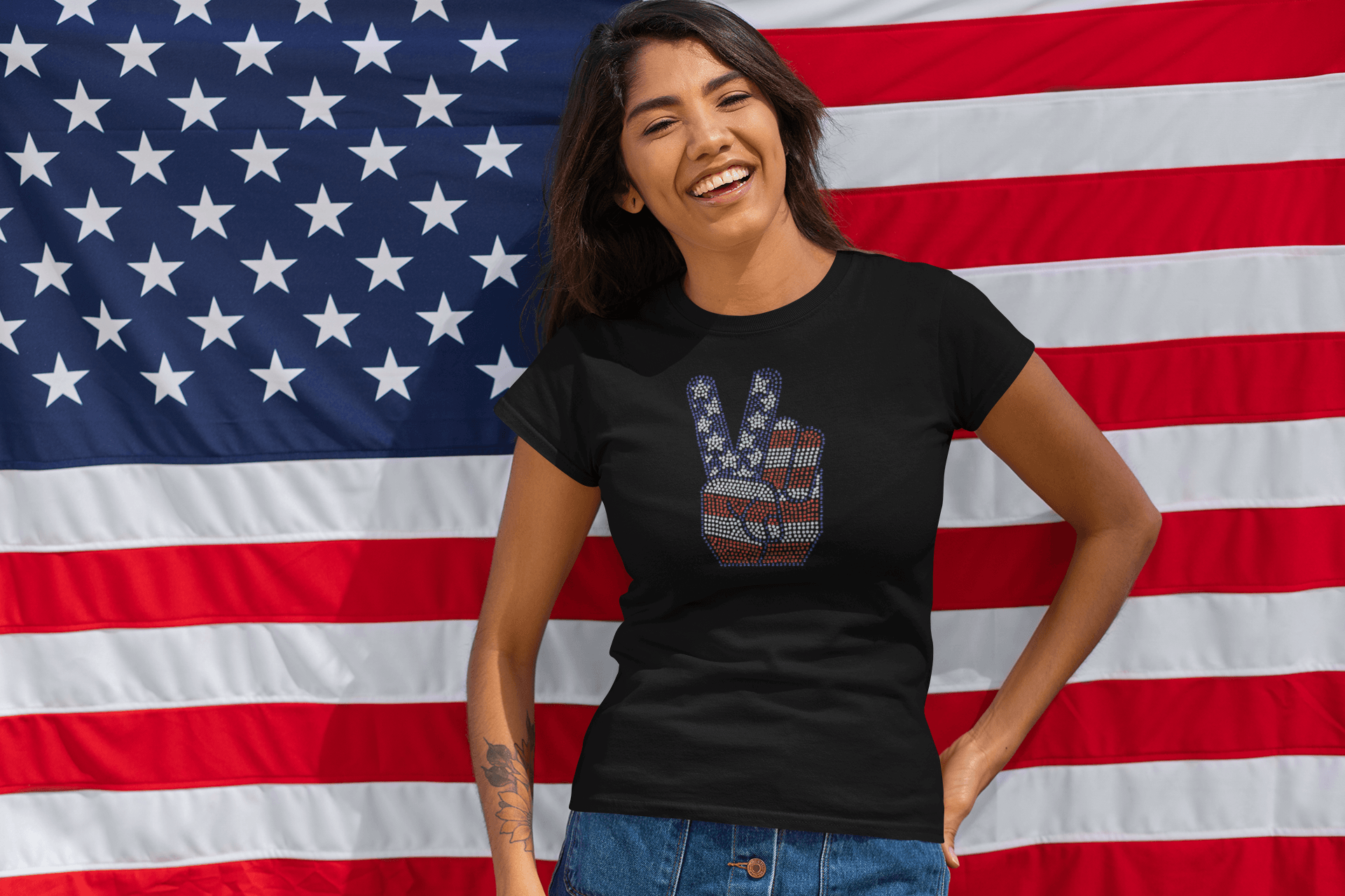 July 4th Peace Sign Rhinestone T-Shirt-T-Shirt-Get Me Bedazzled