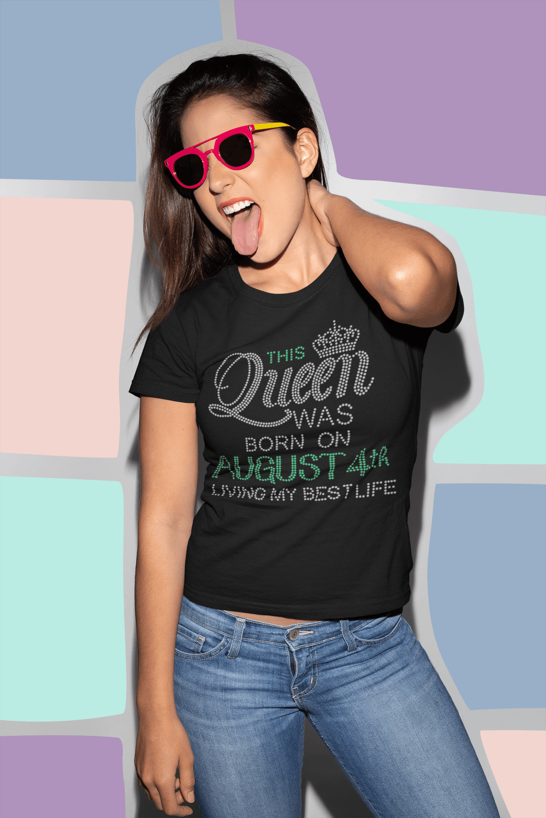 Queen was Born On August Personalized Rhinestone T-Shirt-T-Shirt-Get Me Bedazzled
