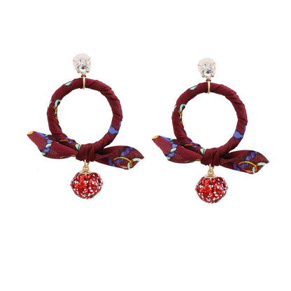 Burgundy Wrapped Ring Earrings Featuring Red Glitter Drop Ball