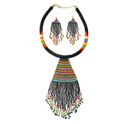 Black Bead Tassel Necklace Set