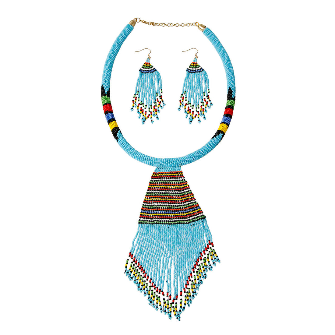 Blue Bead Tassel Necklace Set