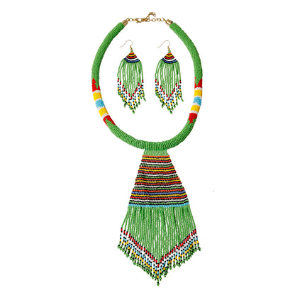 Green Bead Tassel Necklace Set