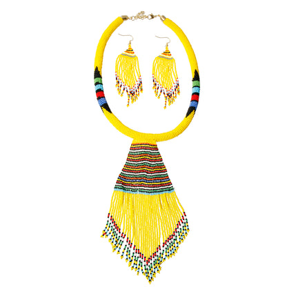 Yellow Bead Tassel Necklace Set