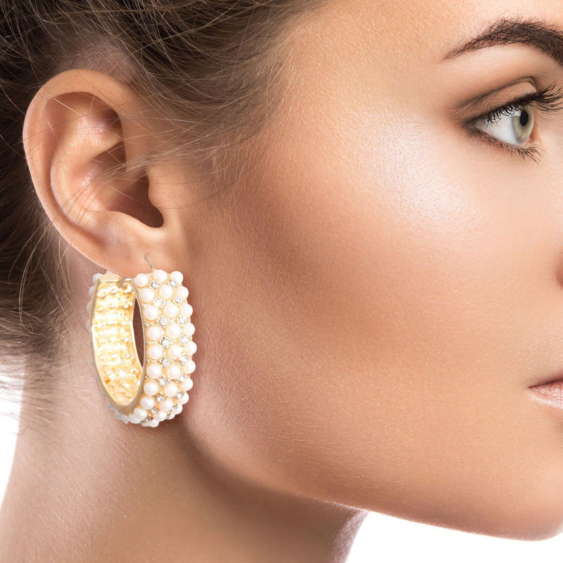 Triple Lined Gold Pearl Hoops