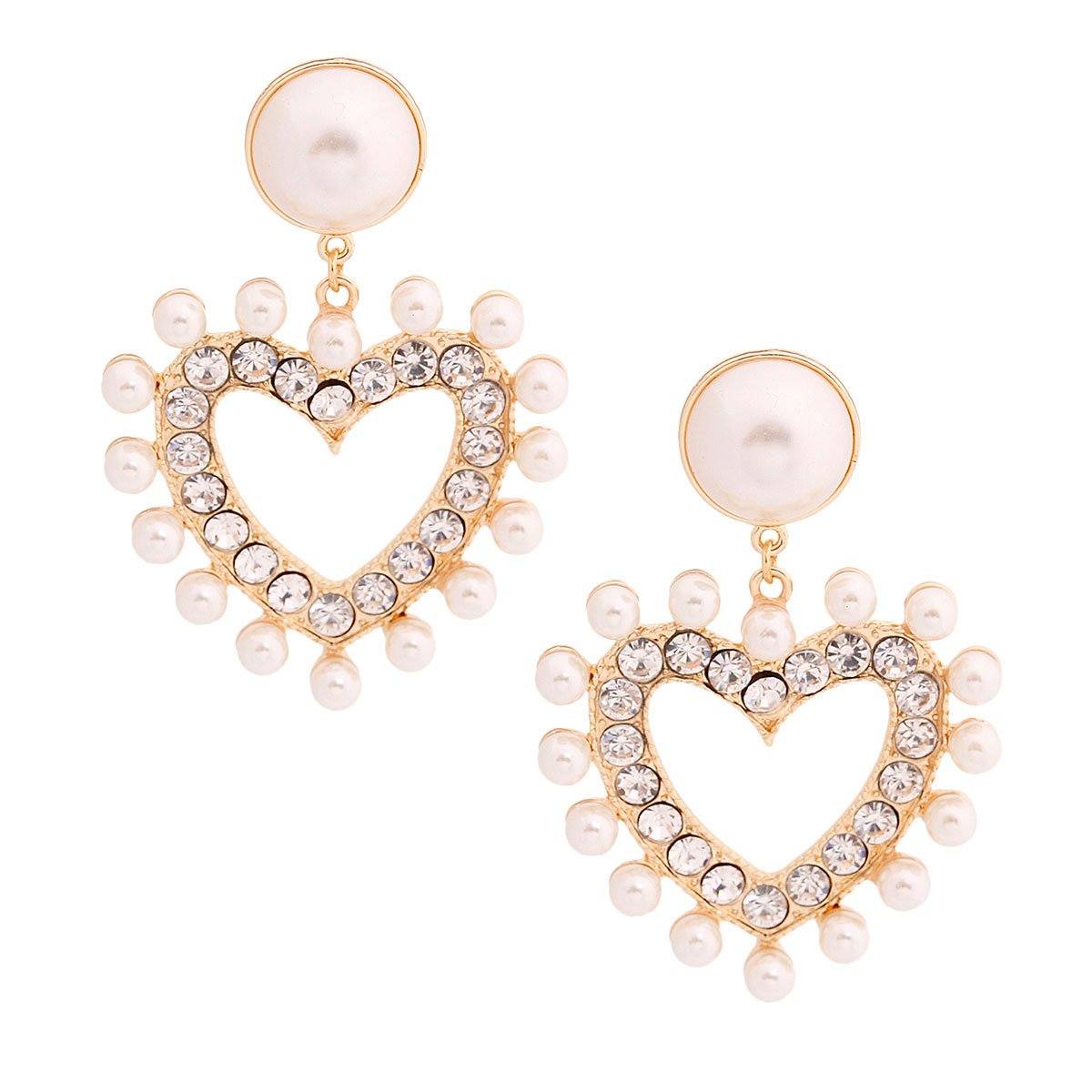 Gold Dangling Pearl Heart Earrings
