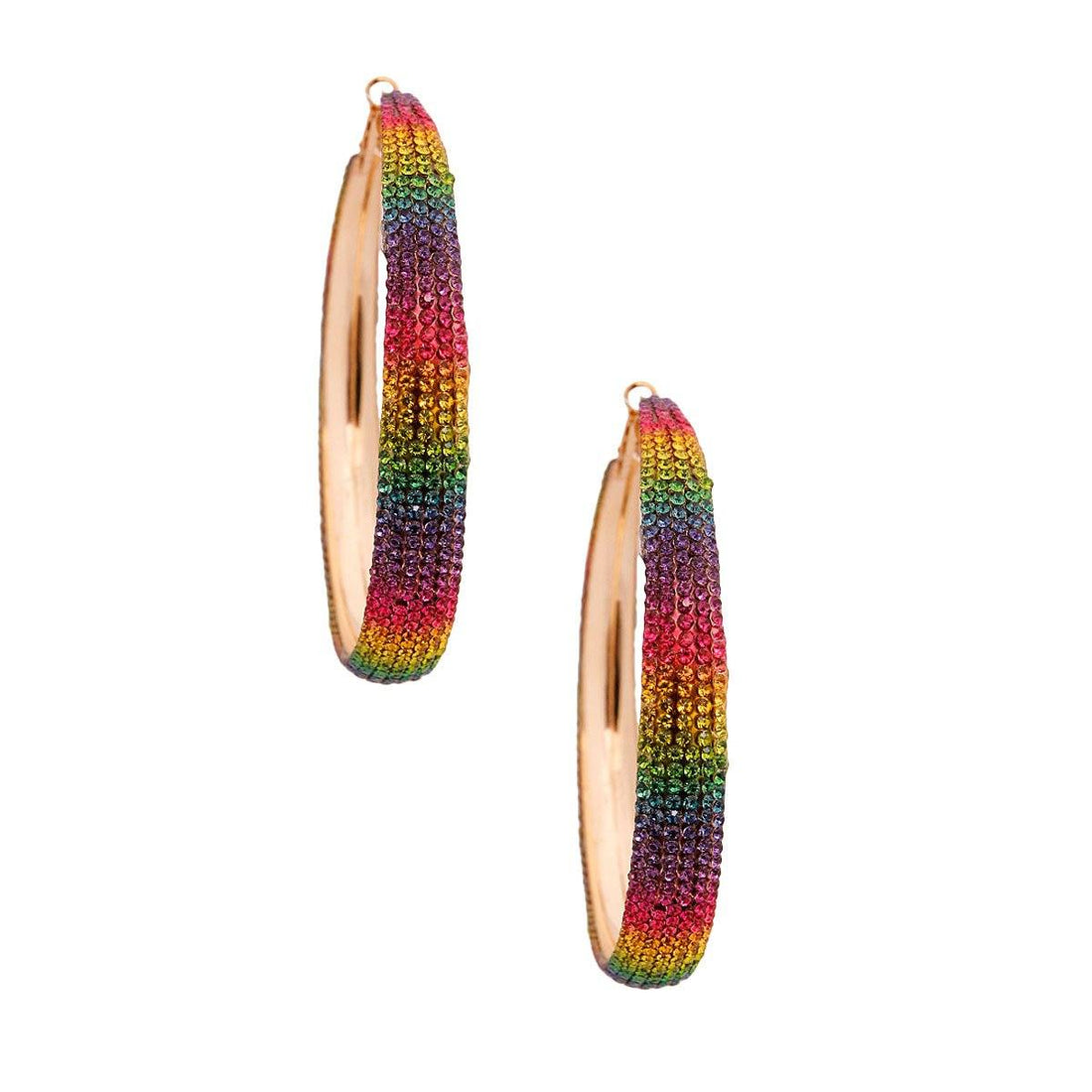 Rainbow Rhinestone Lined Gold Hoops