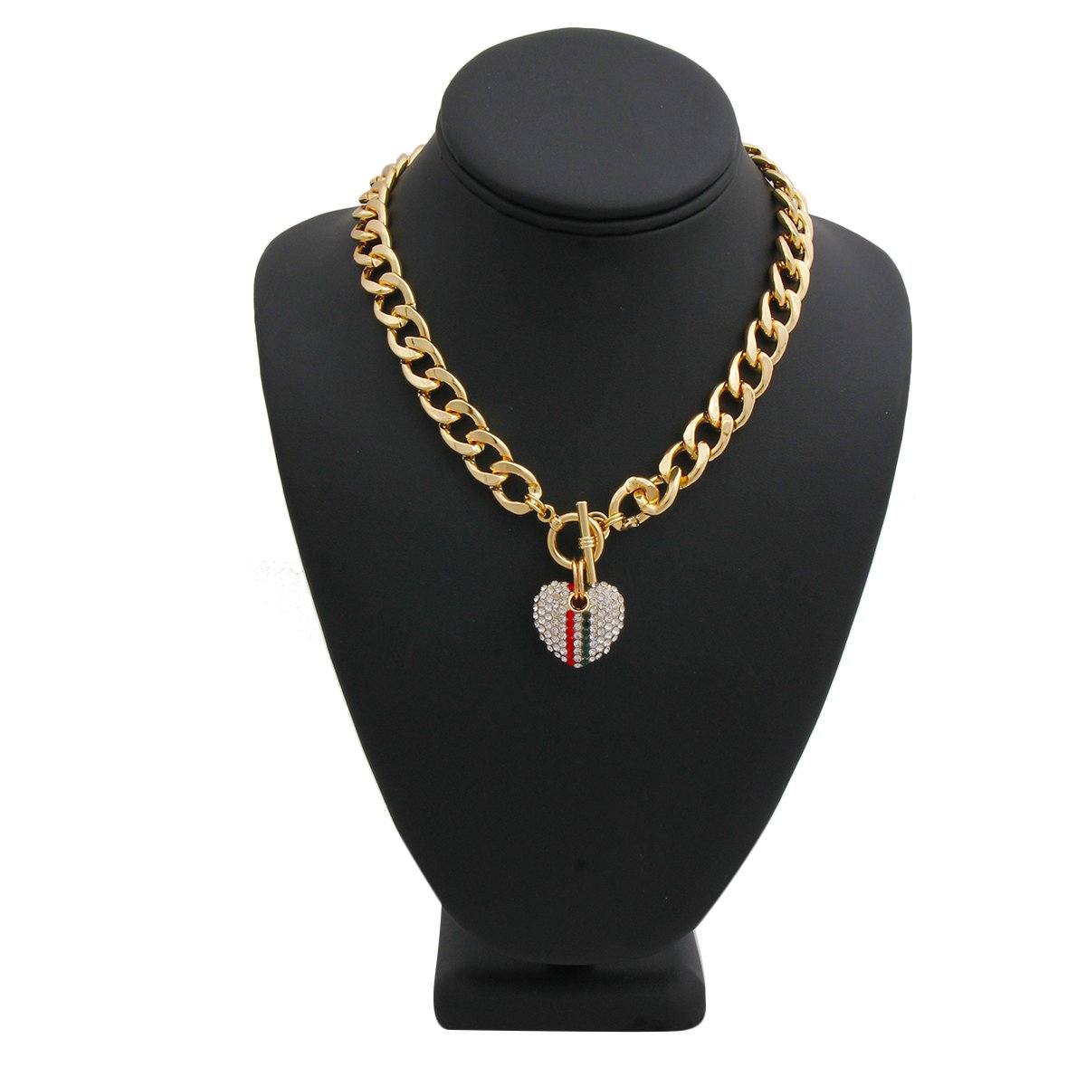 Designer Style Red and Green Rhinestone Striped Heart Toggle Necklace