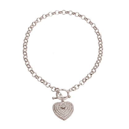 Silver Round Link Heart Toggle Necklace