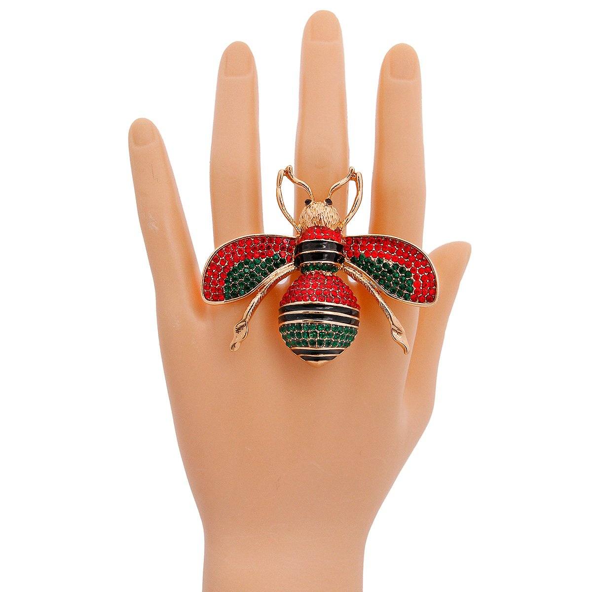 Designer Style Green and Red Rhinestone Bee Stretch Ring