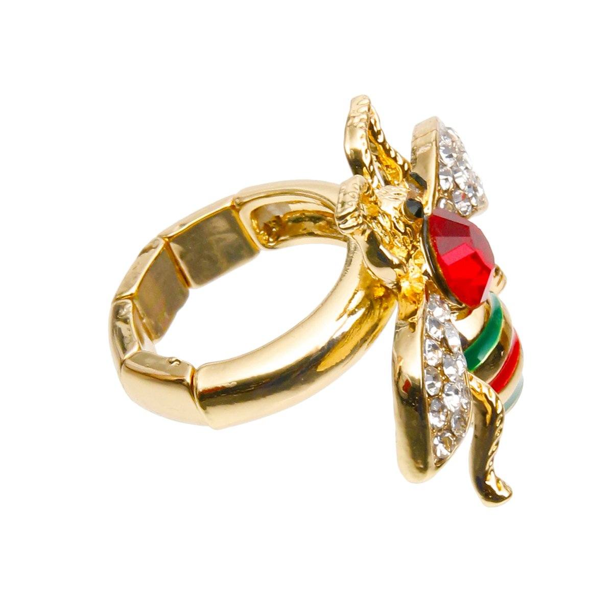 Designer Style Rhinestone Bee Stretch Ring with Red Rhinestone Detail