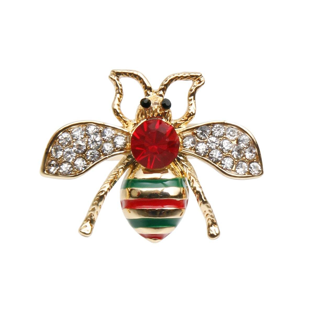Designer Style Rhinestone Bee Stretch Ring with Red Rhinestone Detail