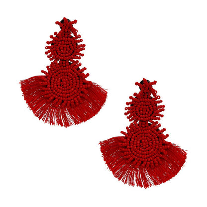 Red Trio Bead Tassel Earrings