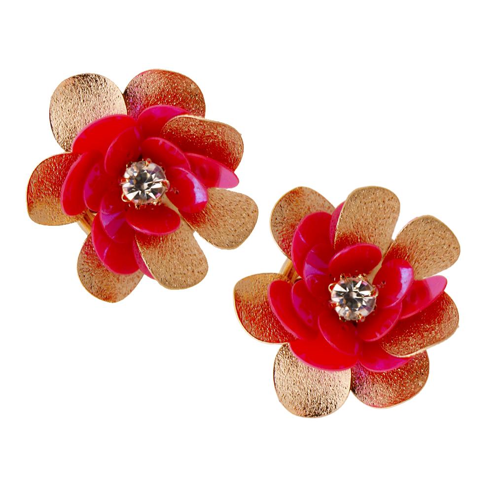 Pink Sequin and Gold Flower Earring with Rhinestone Center