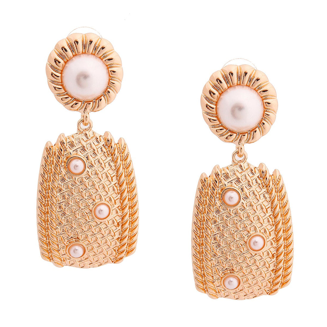 Gold Weave Metal Pearl Earrings