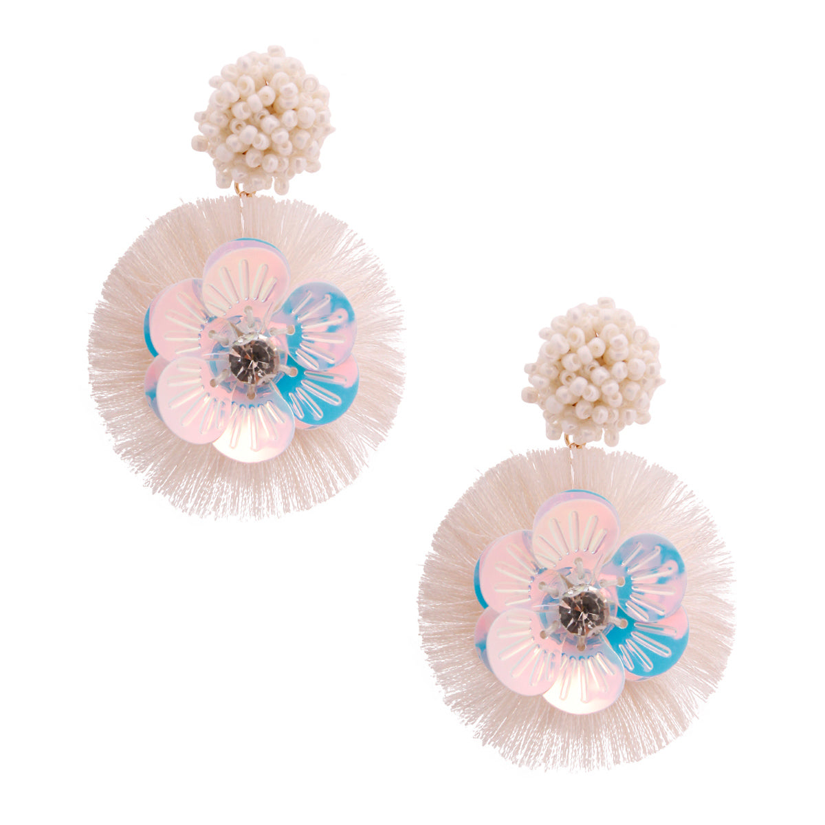 Cream Sequin Flower Tassel Earrings