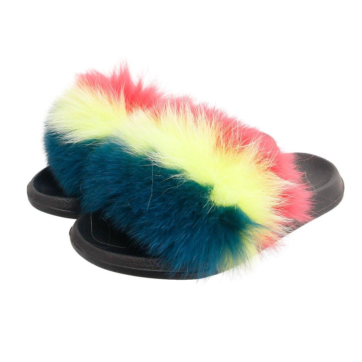 Coral to Green Fox Fur Large Slippers