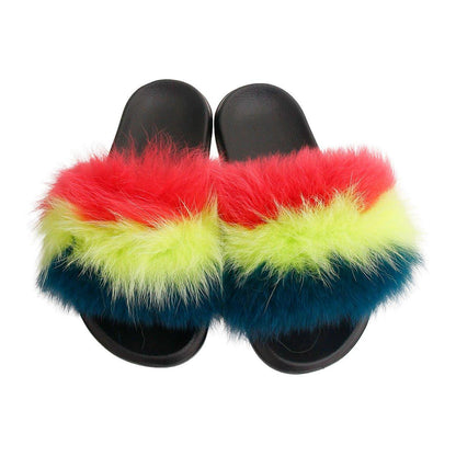 Coral to Green Fox Fur Small Slippers