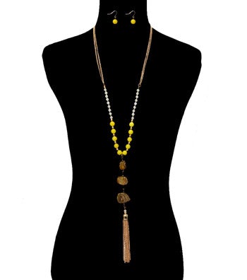Stone and Yellow Bead Long Tassel Necklace