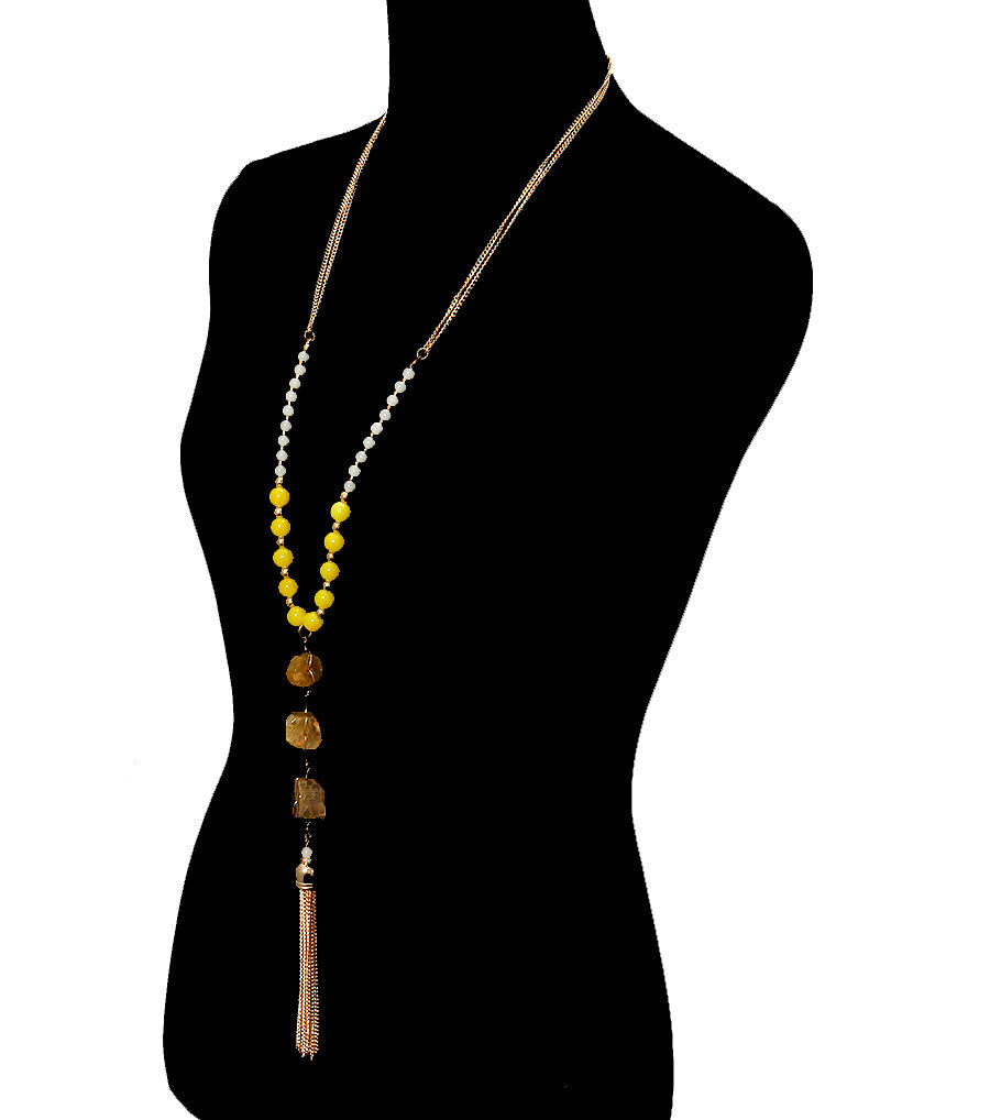 Stone and Yellow Bead Long Tassel Necklace