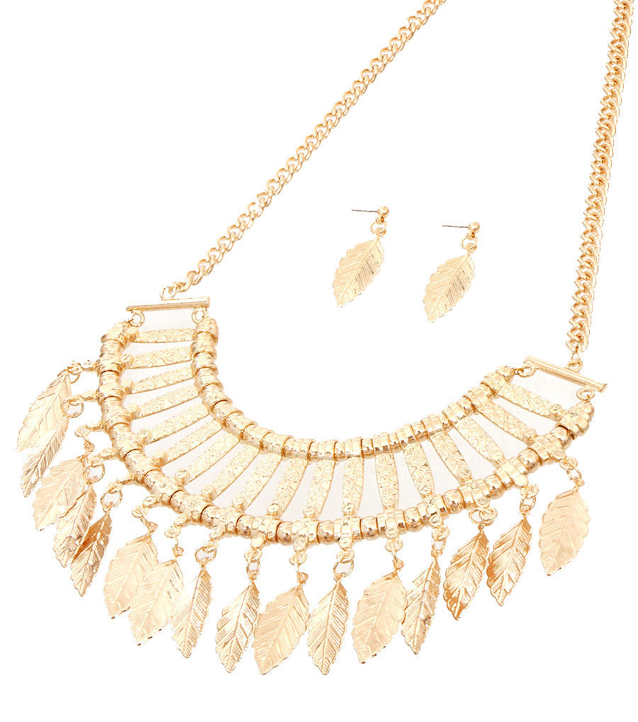 Gold Textured Detail and Leaf Fringe Necklace Set