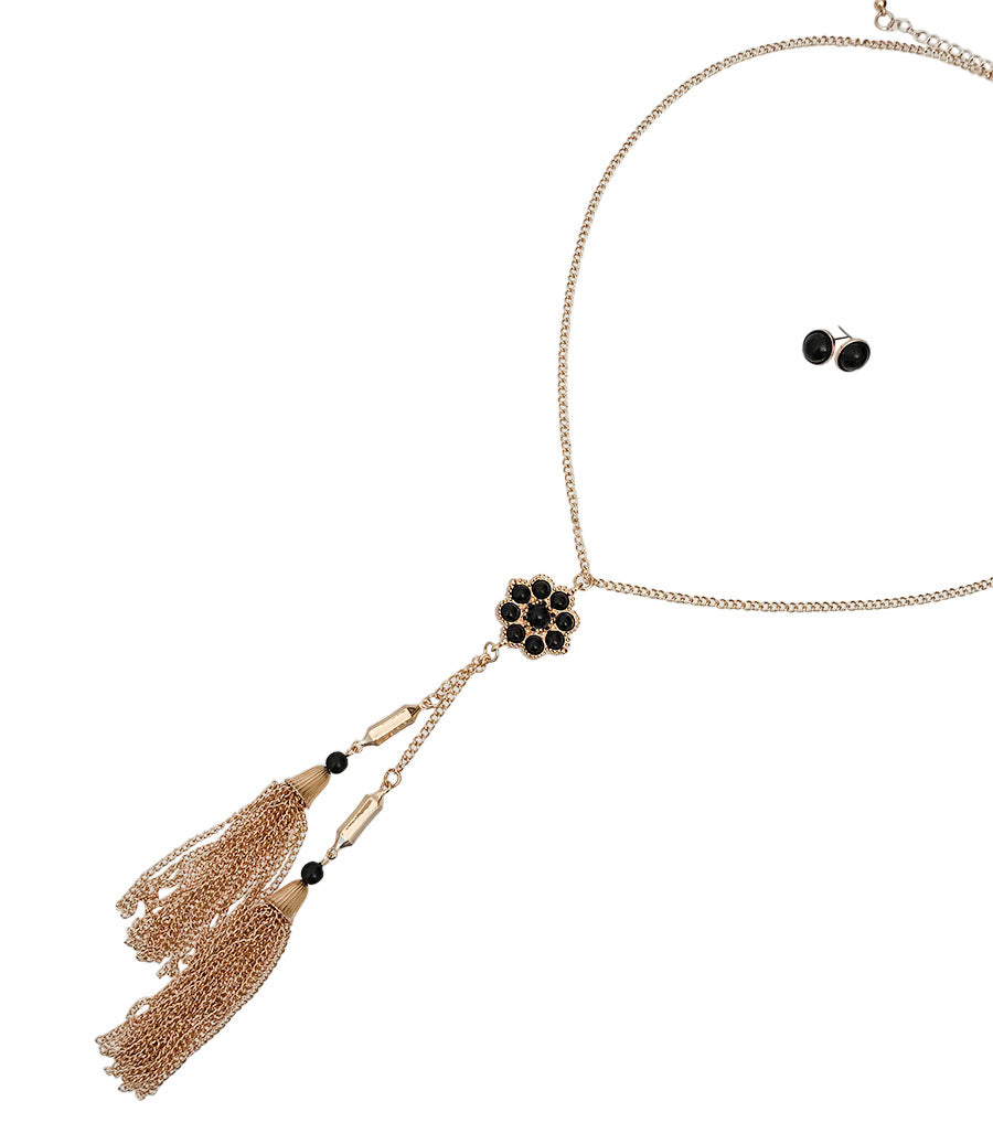 Long Gold Tassel Necklace with Black Flower