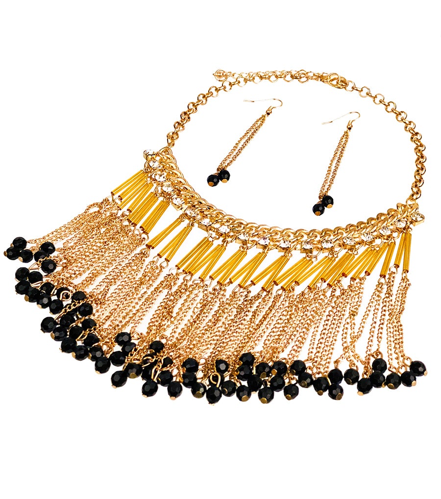 Gold Chain with Rhinestones, Black Beads and Chain Fringe Necklace Set