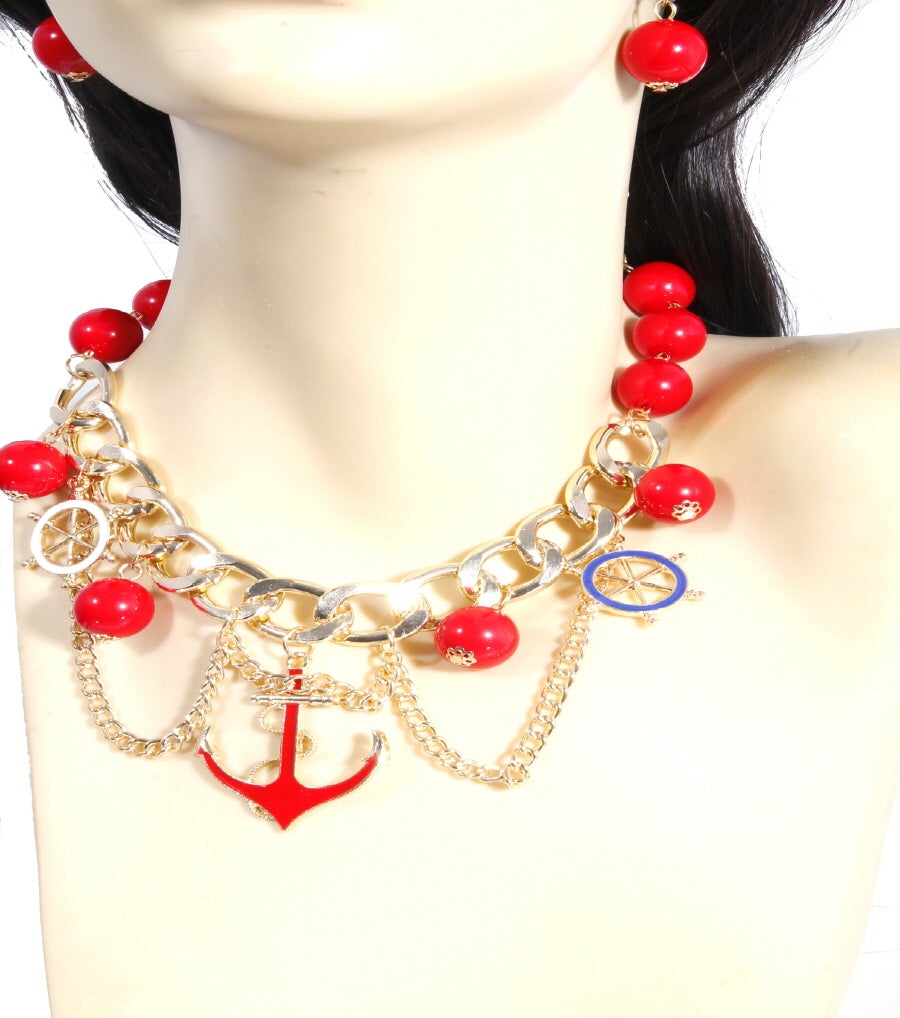 Nautical Theme Red and Gold Necklace