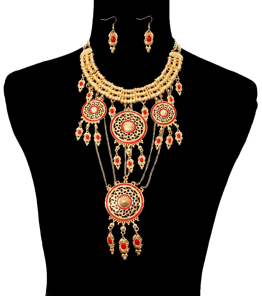 Gold and Red Mandala Necklace Set