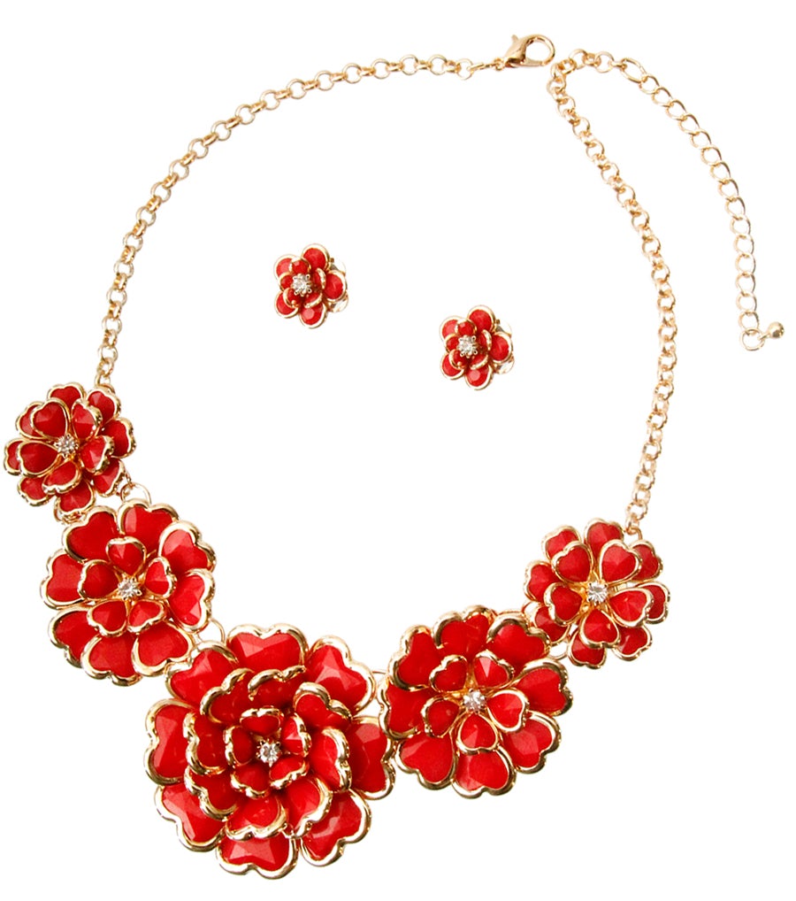 Gold Red Metal Flower Necklace Set