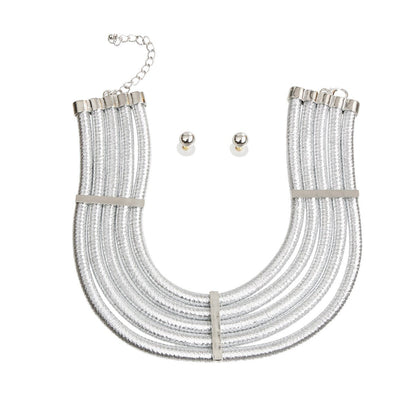 Metallic Silver Cord Layered Choker Set with Bar Detail