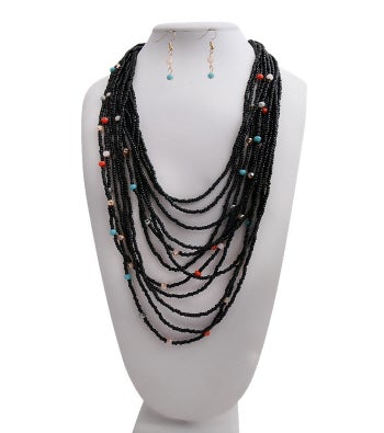 Black Bead and Multi Color Bead Layered Necklace Set
