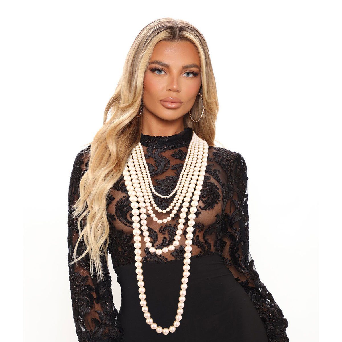 Long 5 Strand Layered Pearl Necklace