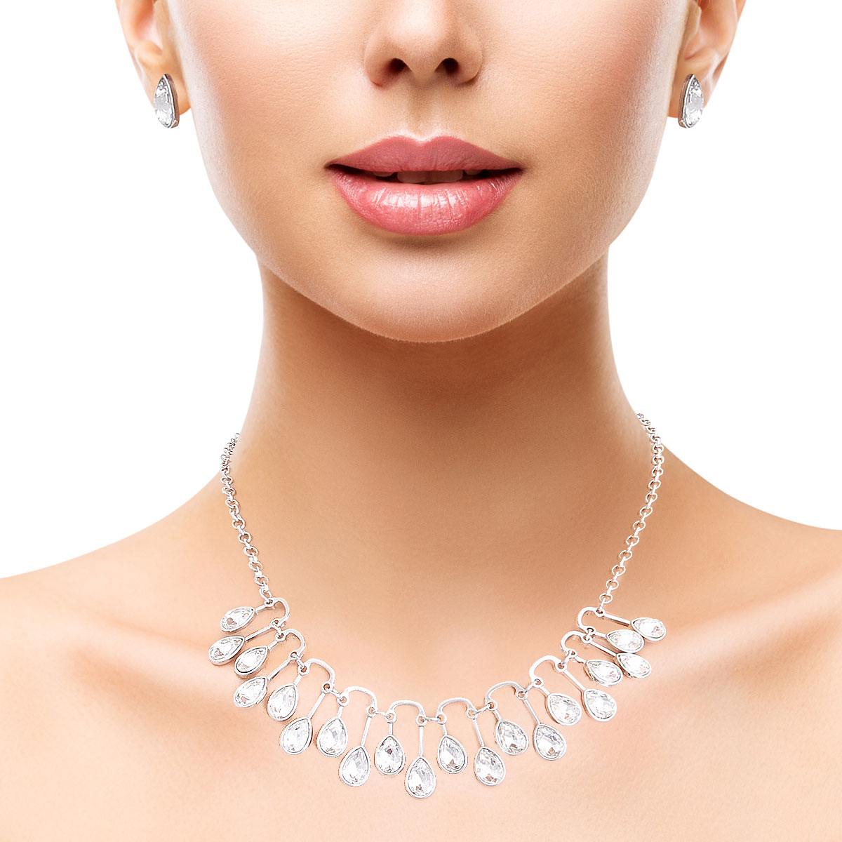 Silver Pear Crystal U Link Necklace