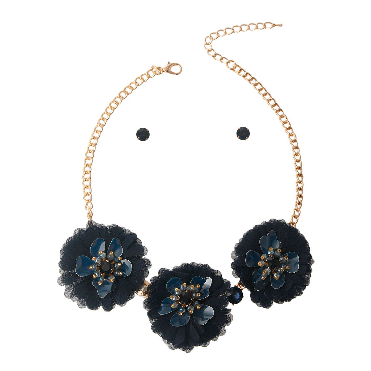 Navy Fabric Flower Necklace Set