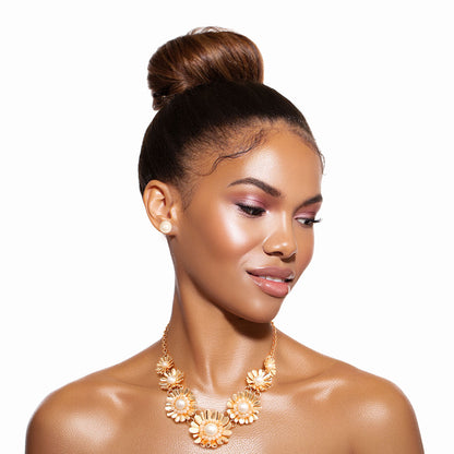 Gold Metal Flower and Pearl Set
