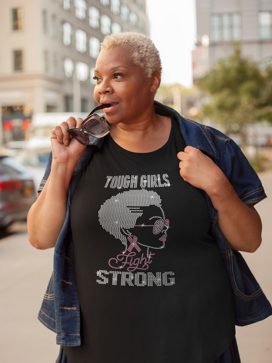 Tough Girls Fight Strong Breast Cancer Rhinestone T-Shirt-T-Shirt-Get Me Bedazzled