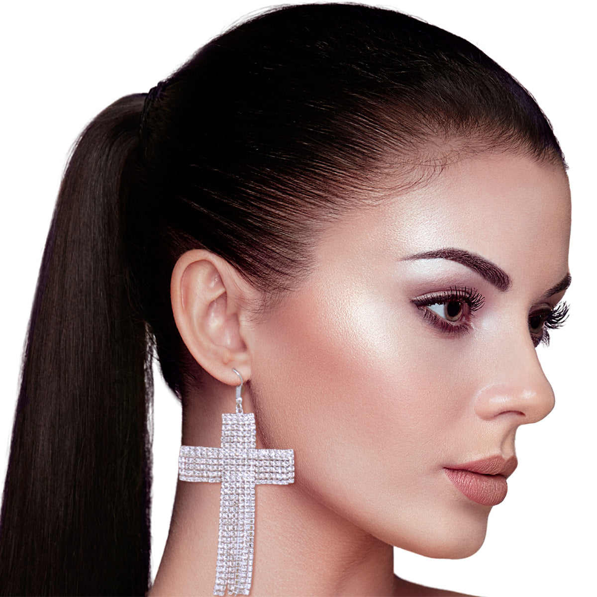 Rhinestone Cross Fringe Silver Earrings