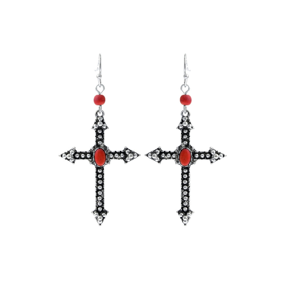 Dark Coral Burnished Silver Cross Earrings