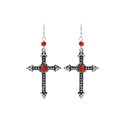 Dark Coral Burnished Silver Cross Earrings