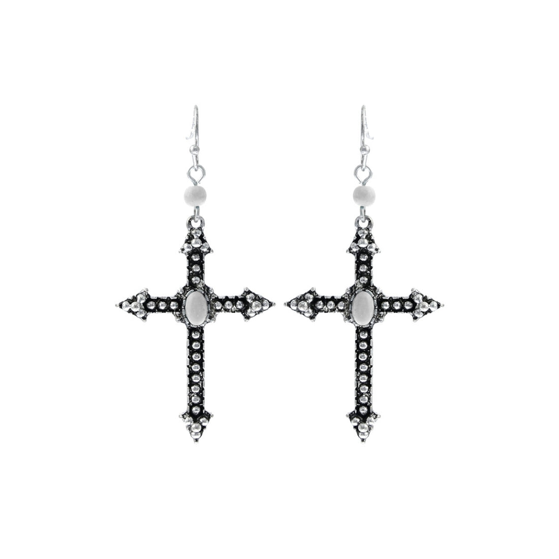 White Burnished Silver Cross Earrings