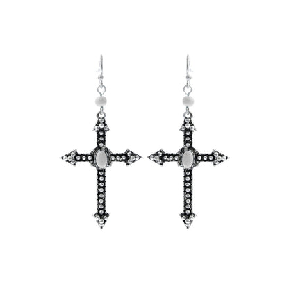 White Burnished Silver Cross Earrings