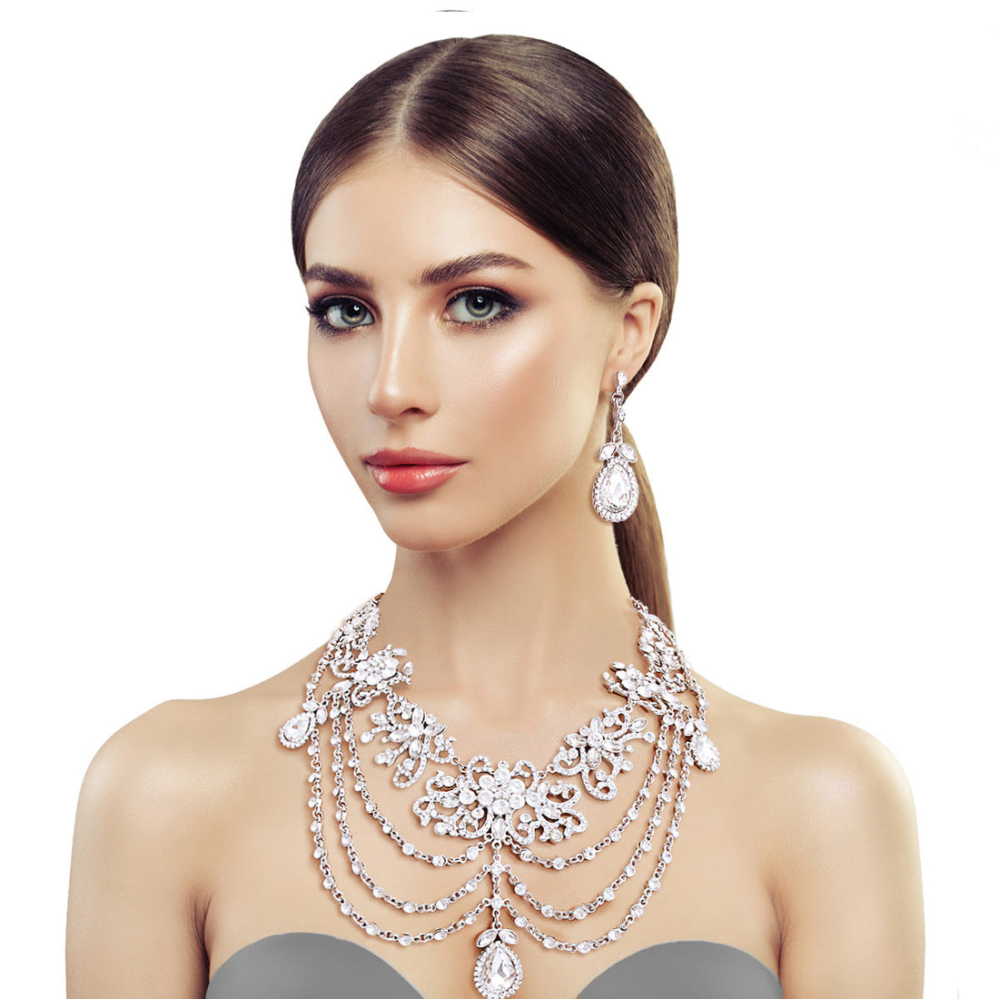 Silver Crystal Formal Draped Necklace