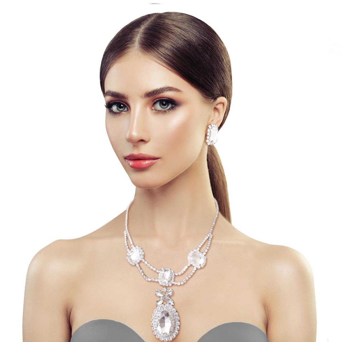 Silver Clear Oval Bridal Necklace